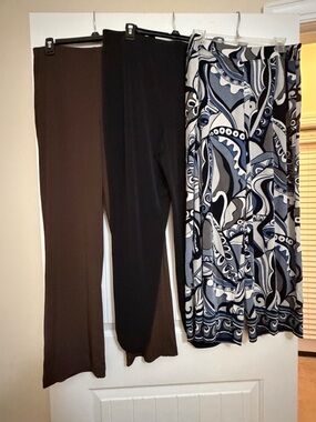 Chico's Sz 2 Traveler Pants, set of 3, 1 Wide Leg Blue/Gray, 1 black, 1 brown